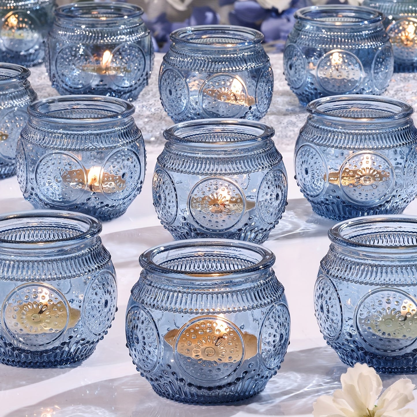 Set of 6 blue glass candle holders