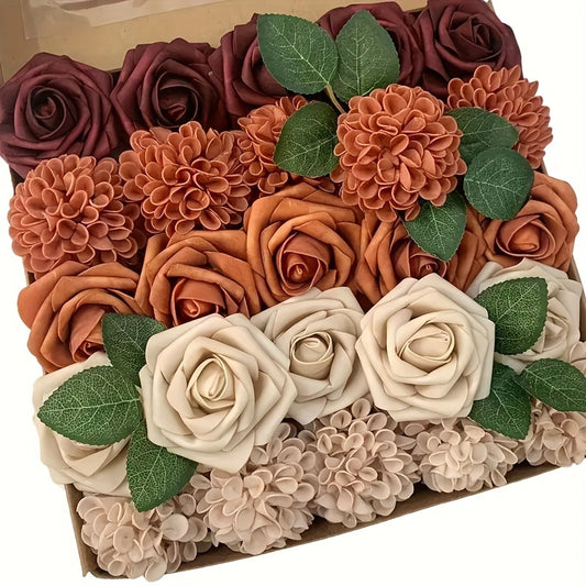 Orange Artificial Rose & Dahlia Set of 25pcs