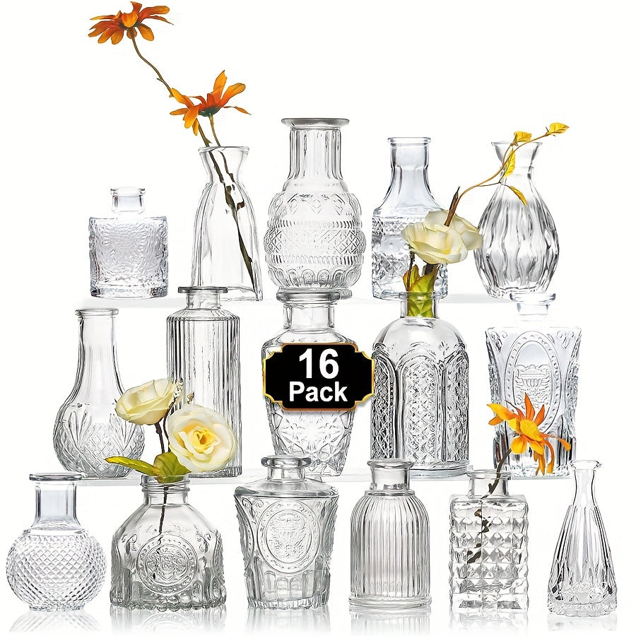 16pcs Glass Bud Vase Set – Mini Vintage Vases for Rustic Weddings & Elegant Centerpieces!