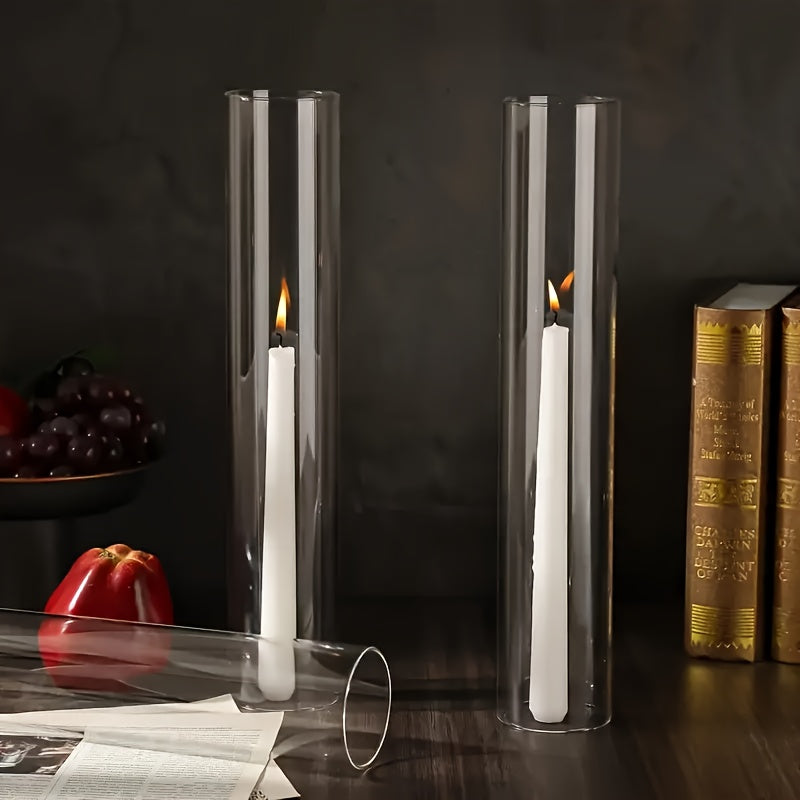 12 Hurricane Candle Holders – Glass Cylinders with Polished Metal