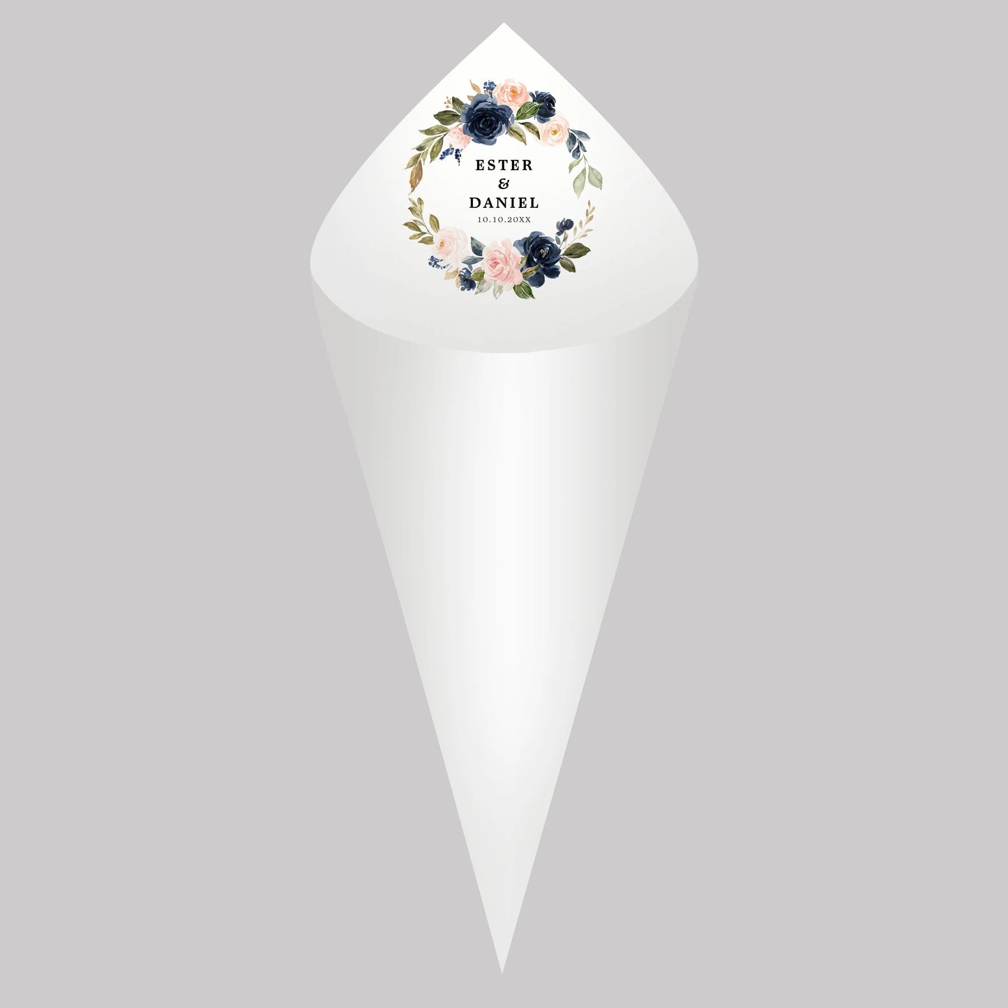 30pcs Personalized Wedding Confetti Cones – White Paper (16x16cm) – Custom Name & Date