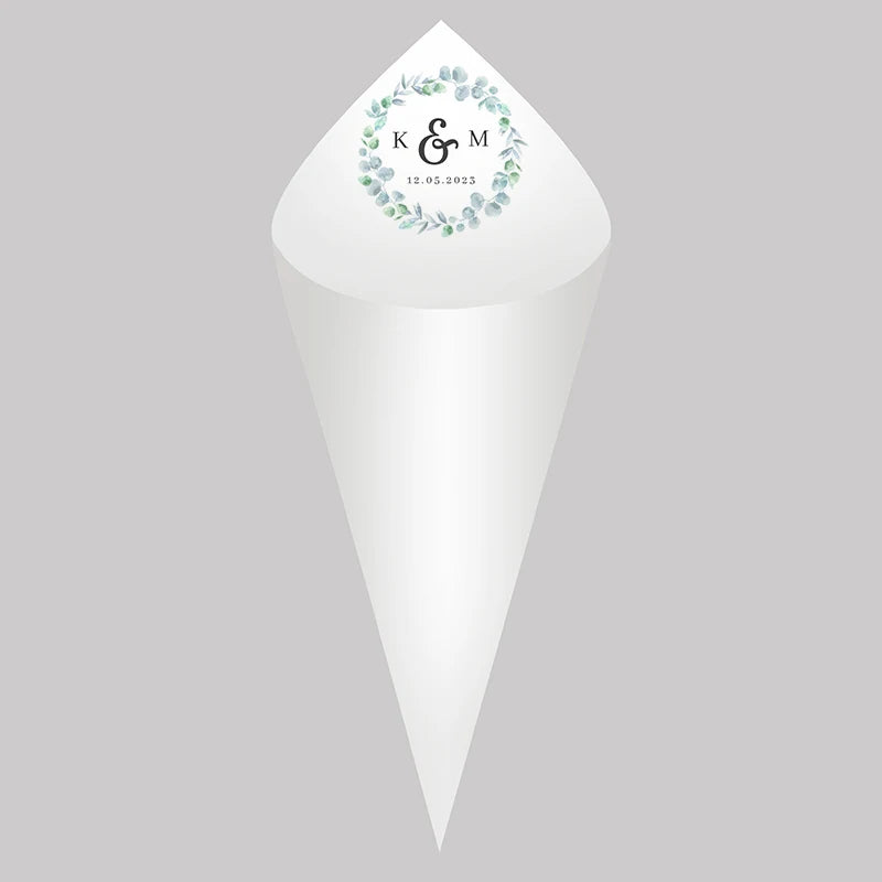 30pcs Personalized Wedding Confetti Cones – White Paper (16x16cm) – Custom Name & Date