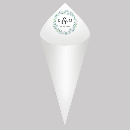 30pcs Personalized Wedding Confetti Cones – White Paper (16x16cm) – Custom Name & Date