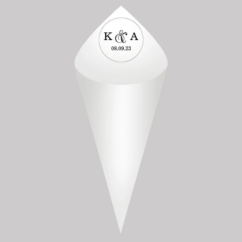 30pcs Personalized Wedding Confetti Cones – White Paper (16x16cm) – Custom Name & Date