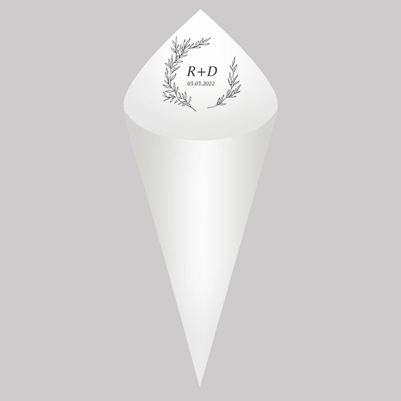 30pcs Personalized Wedding Confetti Cones – White Paper (16x16cm) – Custom Name & Date