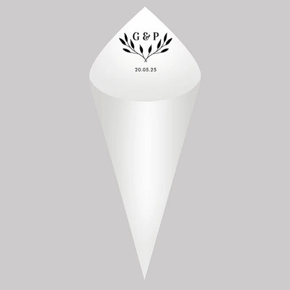 30pcs Personalized Wedding Confetti Cones – White Paper (16x16cm) – Custom Name & Date