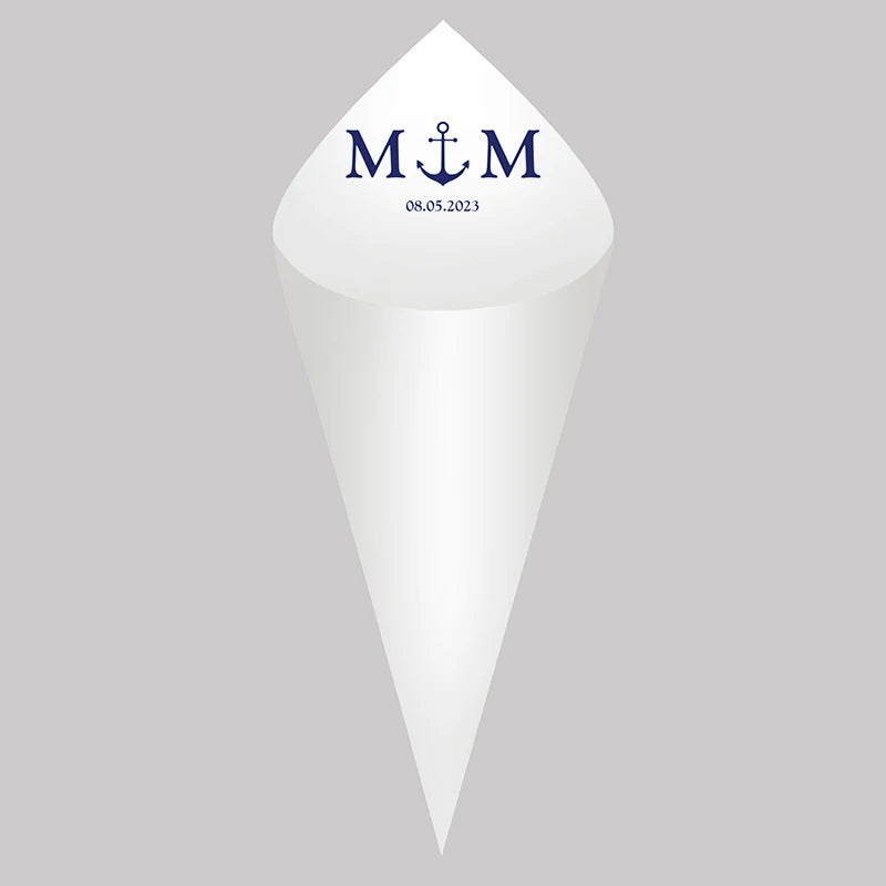 30pcs Personalized Wedding Confetti Cones – White Paper (16x16cm) – Custom Name & Date