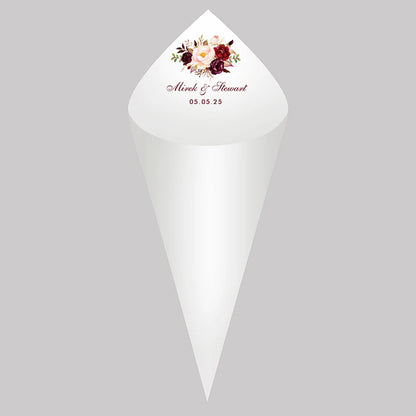 30pcs Personalized Wedding Confetti Cones – White Paper (16x16cm) – Custom Name & Date