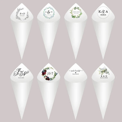 30pcs Personalized Wedding Confetti Cones – White Paper (16x16cm) – Custom Name & Date