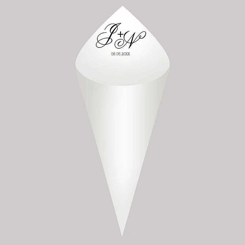 30pcs Personalized Wedding Confetti Cones – White Paper (16x16cm) – Custom Name & Date