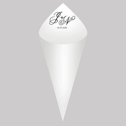 30pcs Personalized Wedding Confetti Cones – White Paper (16x16cm) – Custom Name & Date