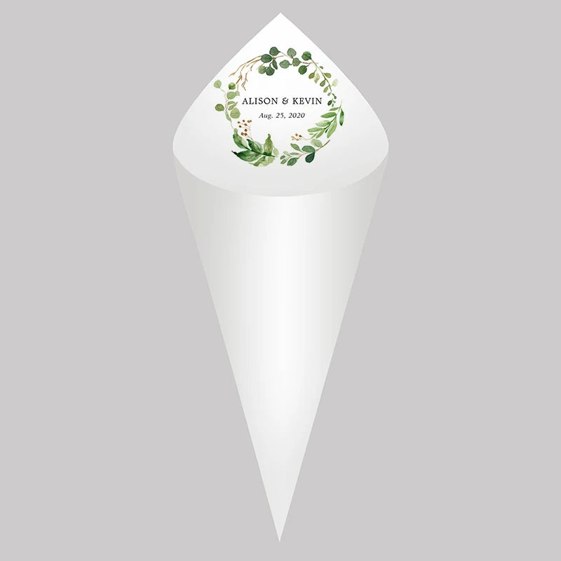 30pcs Personalized Wedding Confetti Cones – White Paper (16x16cm) – Custom Name & Date