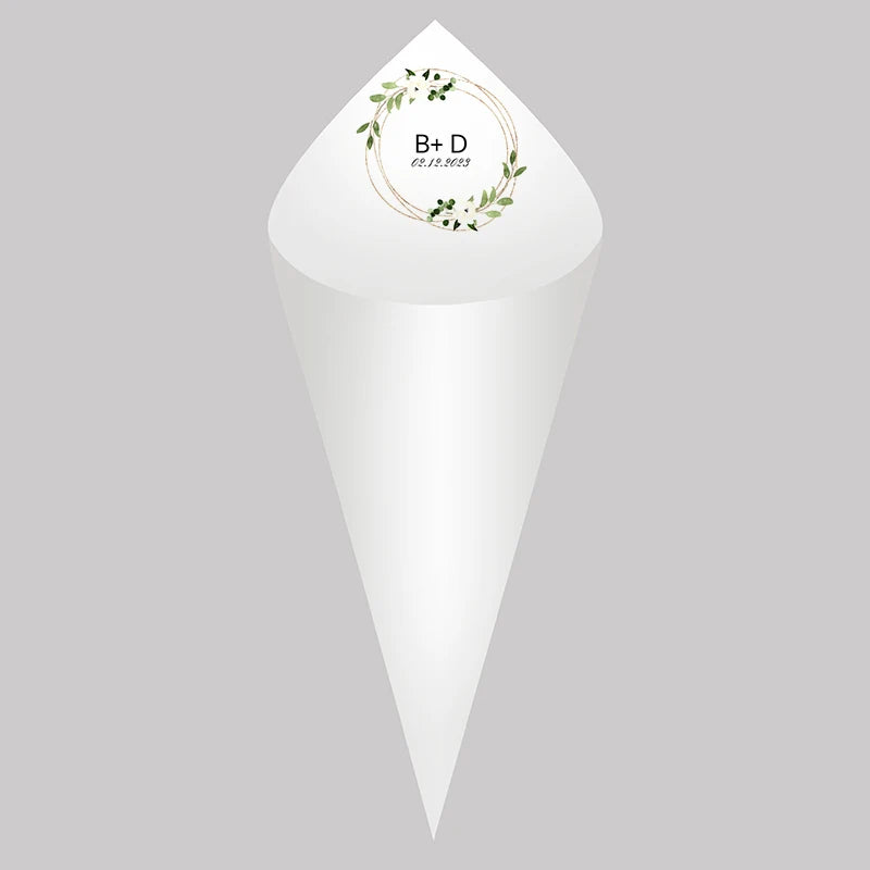 30pcs Personalized Wedding Confetti Cones – White Paper (16x16cm) – Custom Name & Date