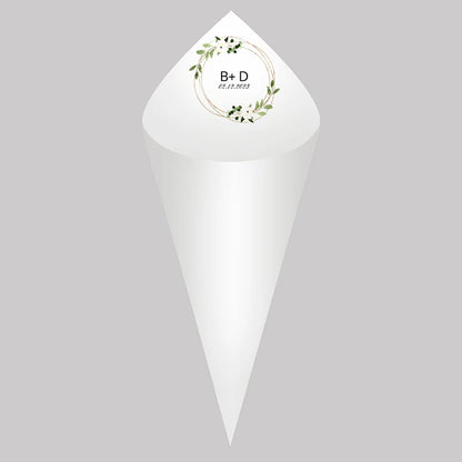 30pcs Personalized Wedding Confetti Cones – White Paper (16x16cm) – Custom Name & Date