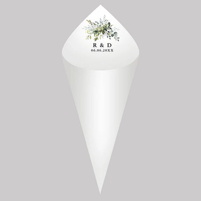 30pcs Personalized Wedding Confetti Cones – White Paper (16x16cm) – Custom Name & Date