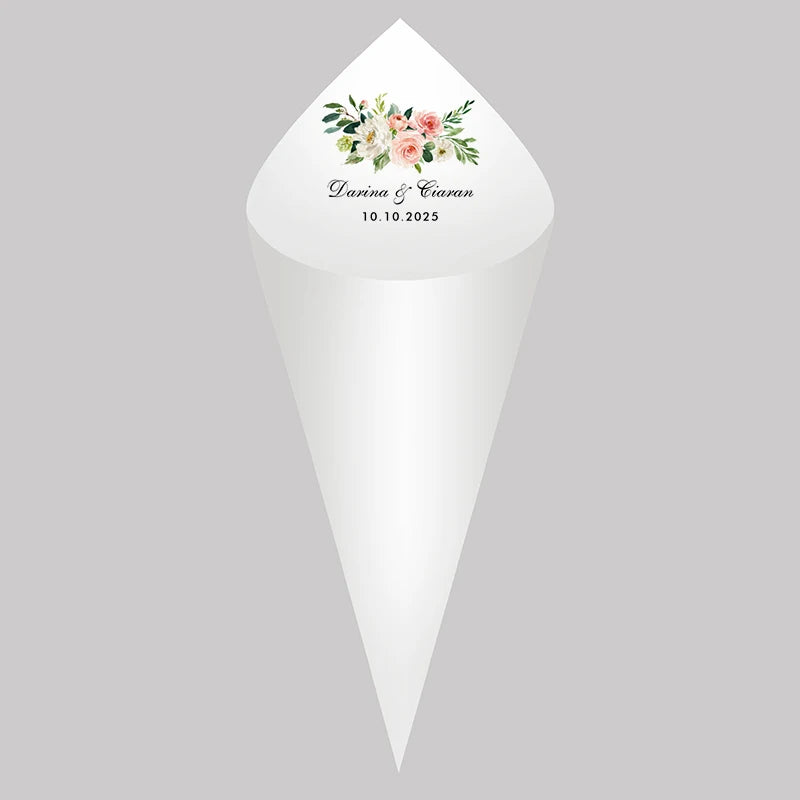 30pcs Personalized Wedding Confetti Cones – White Paper (16x16cm) – Custom Name & Date