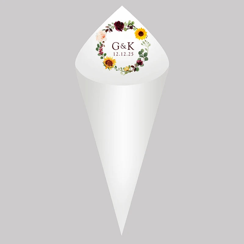 30pcs Personalized Wedding Confetti Cones – White Paper (16x16cm) – Custom Name & Date