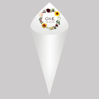 30pcs Personalized Wedding Confetti Cones – White Paper (16x16cm) – Custom Name & Date