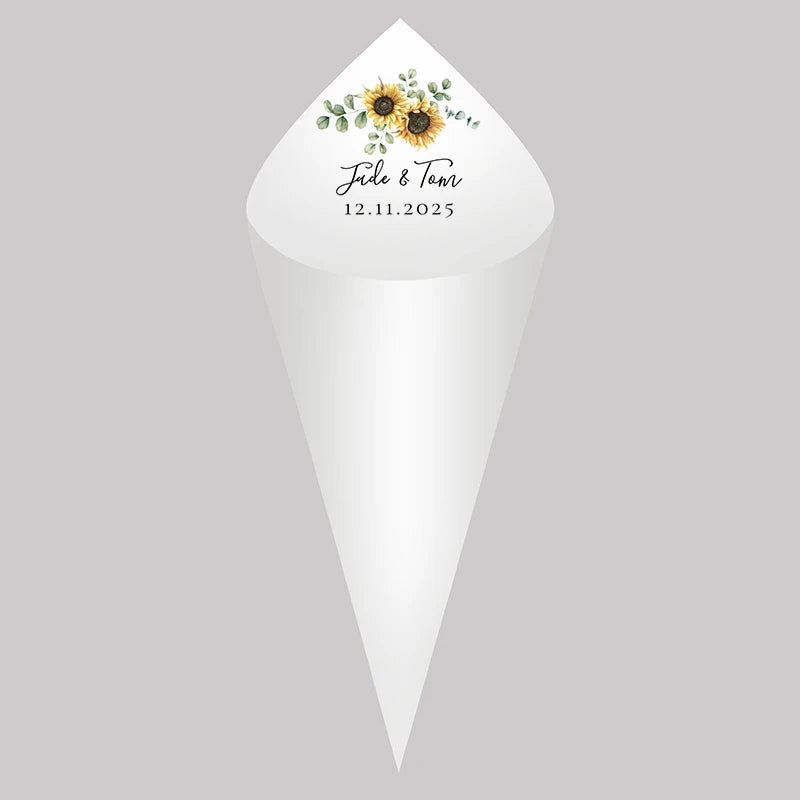 30pcs Personalized Wedding Confetti Cones – White Paper (16x16cm) – Custom Name & Date