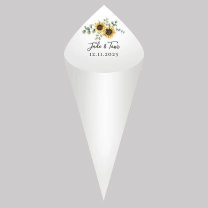 30pcs Personalized Wedding Confetti Cones – White Paper (16x16cm) – Custom Name & Date