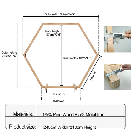 Arco de boda de madera hexagonal (245 x 210 cm) - Base incluida