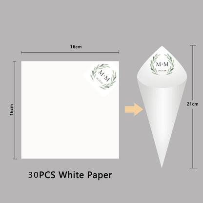 30pcs Personalized Wedding Confetti Cones – White Paper (16x16cm) – Custom Name & Date