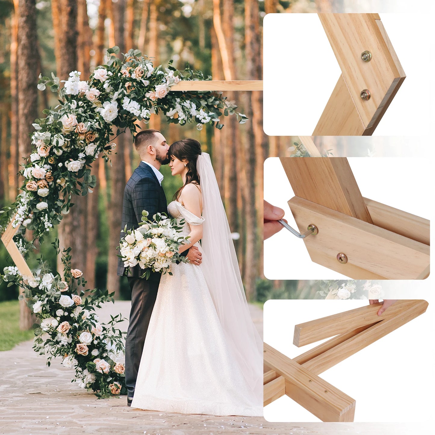 Hexagon Wooden Wedding Arch (245 x 210 cm) - Base Included