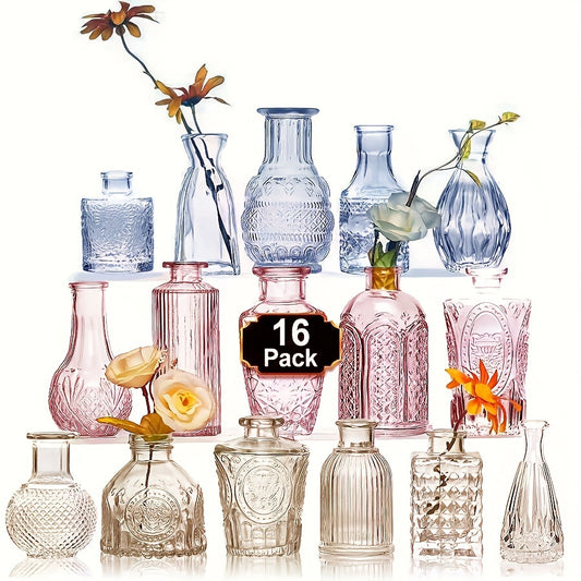 16pcs Boho Chic Glass Bud Vase Set – Colorful Vintage Centerpieces