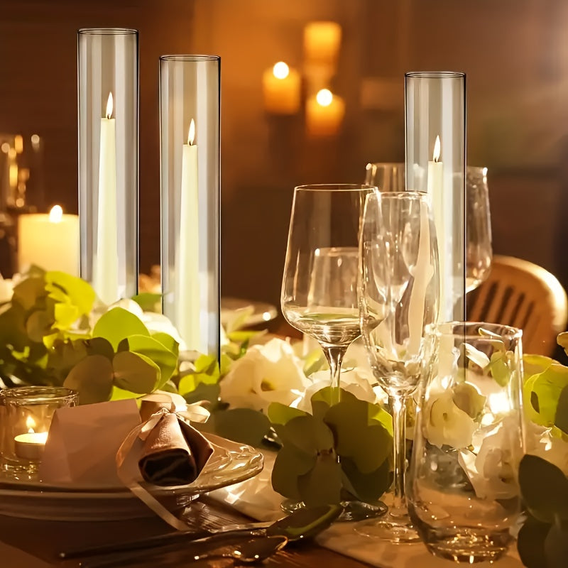 12 Hurricane Candle Holders – Glass Cylinders with Polished Metal