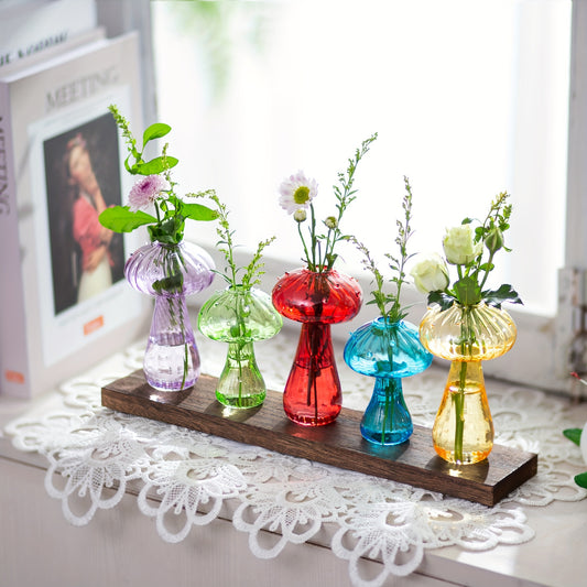 Boho Mushroom Bud Vase Set – 5 Glass Vases with Wooden Tray, Floral Design for Chic Decor!